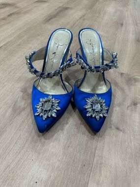 Jessica Simpson Sapphire Blue Crystal-Embellished Pointed Mules